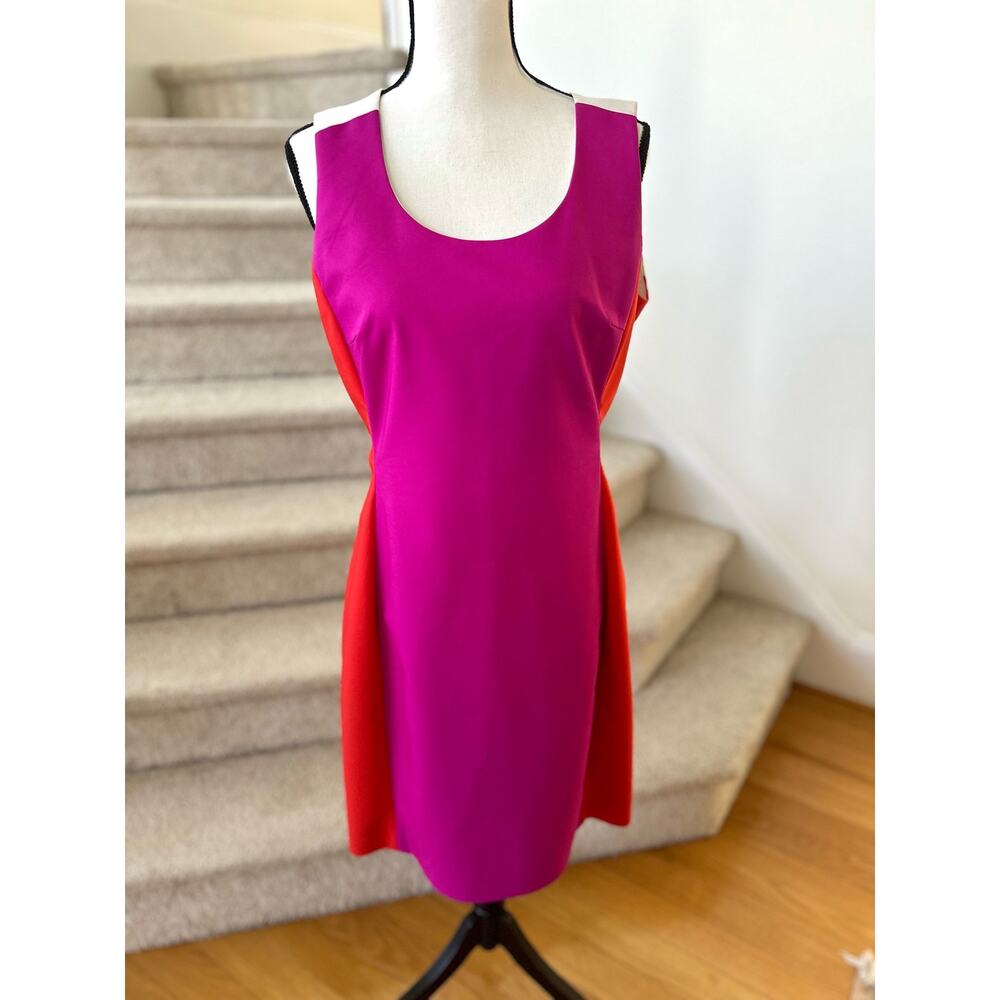 Belle Badgley Mischka Hot Pink, Red & White Colorblock Sheath Dress